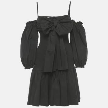 Pre Owned RED Valentino Black Cotton Bow Detail Smocked Mini Dress M