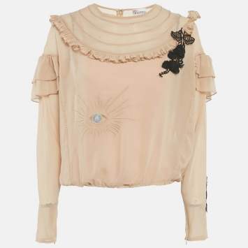 Pre Owned RED Valentino Beige Embroidered Crepe Frill Detail Sheer Top M