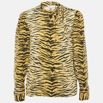 Pre Owned RED Valentino Yellow /Black Tiger Print Silk Neck Tie Detail Top M