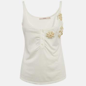 Pre Owned RED Valentino White Cotton Knit Embellished Detail Tank Top S