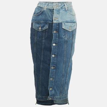 مملوكة مسبقًا RED Valentino Blue Frayed Patchwork Denim Midi Skirt S/Waist 24"