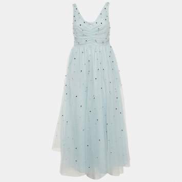 مملوكة مسبقًا RED Valentino Light Blue Tulle Embellished Flared Midi Dress M
