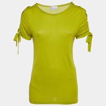 مملوكة مسبقًا RED Valentino Green Cotton Knit Sleeve Tie Detail T-Shirt S