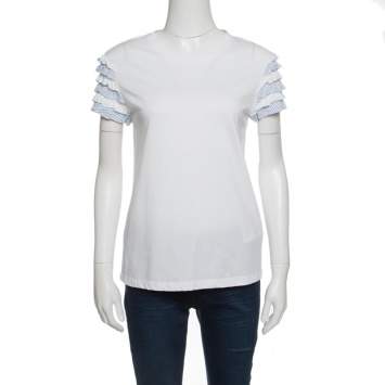 مملوكة مسبقًا RED Valentino White Cotton Jersey Striped Ruffled Sleeve T-Shirt M