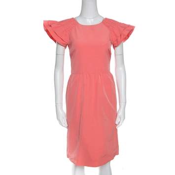 Pre Owned Red Valentino Peach Cotton Blend Smocked Sleeve Detail Sheath Dress S