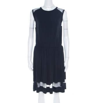 Pre Owned RED Valentino Navy Blue Sheer Lace Panel Insert Sleeveless Sheath Dress XL