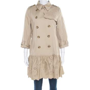Pre Owned Red Valentino Beige Cotton Eyelet Embroidered Ruffled Double Breasted Coat M