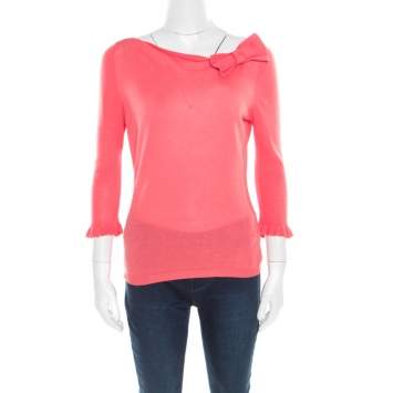 Pre Owned RED Valentino Pink Knit Bow Detail Long Sleeve Top M