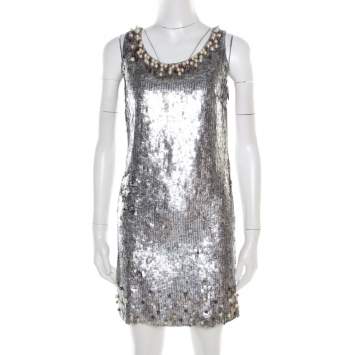 Pre Owned Red Valentino Silver Sequined Pearl Embellished Sleeveless Mini Shift Dress S