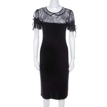 Pre Owned RED Valentino Black Wool Jersey Floral Lace Trim Midi Dress S