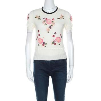 Pre Owned RED Valentino Cream Floral Applique Cotton Knit Top S