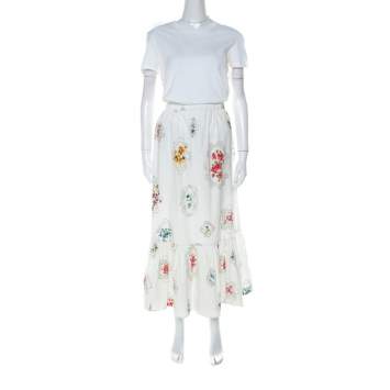 مملوكة مسبقًا RED Valentino White Floral and Cross Stitch Print Cotton Gathered Skirt Set M