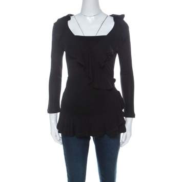 مملوكة مسبقًا RED Valentino Black Ruffle Detail Long Sleeve Wrap Top M