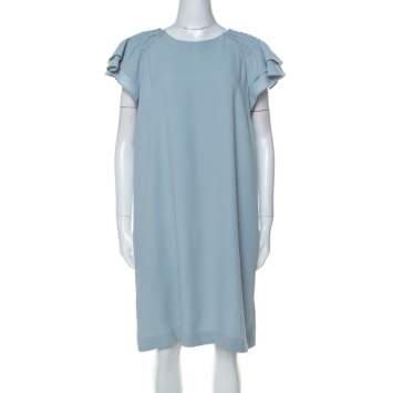 Pre Owned Red Valentino Pale Blue Crepe Ruffled Sleeve Shift Dress L