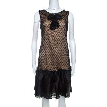 Pre Owned Red Valentino Black Beaded Lace and Silk Ruffle Detail Short Dress L 