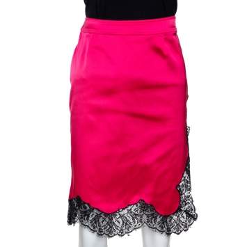 Pre Owned RED Valentino Pink Satin Scalloped Lace Trim Skirt M