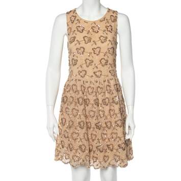 Pre Owned RED Valentino Beige Embellished Lace Bow Detail Mini Dress L