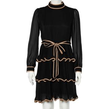 Pre Owned Red Valentino Black Crepe Bead Detail Tiered Dress L