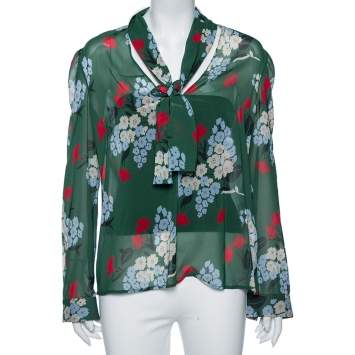 Pre Owned RED Valentino Green Floral Print Silk Tie-Neck Detail Blouse L
