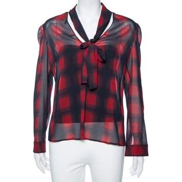 Pre Owned RED Valentino Navy Blue Plaid Print Silk Tie-Neck Detail Blouse M