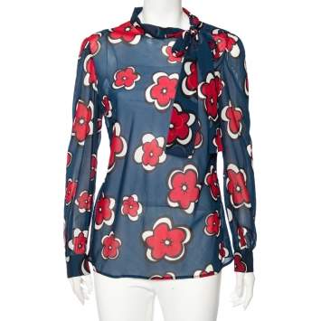 Pre Owned RED Valentino Navy Blue Floral Printed Silk Buttoned Shoulder Detail Blouse L