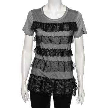 Pre Owned Red Valentino Grey Ruffled Lace and Jersey Short Sleeve T Shirt M