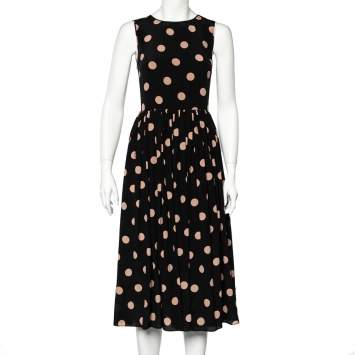 Pre Owned RED Valentino Black Polka Dot Silk Sleeveless Midi Dress S