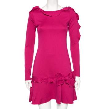 Pre Owned RED Valentino Pink Stretch Knit Ruffle Trimmed Bow Detailed Short Dress M