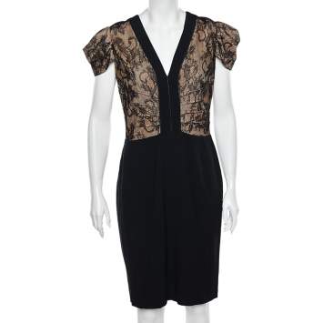 Pre Owned RED Valentino Black Lace & Crepe Paneled Midi Dress L