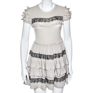 Pre Owned RED Valentino Beige Wool Lace Trim Ruffled Mini Dress M