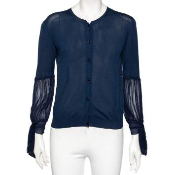 Pre Owned Red Valentino Navy Blue Knit & Chiffon Inset Detailed Long Sleeve Cardigan L