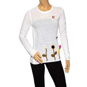 Pre Owned RED Valentino White Cotton Knit Floral Appliqued Long Sleeve Jumper M