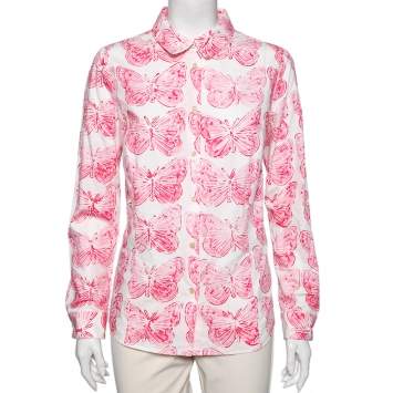 Pre Owned RED Valentino White and Pink Butterfly Print Long Sleeve Shirt L