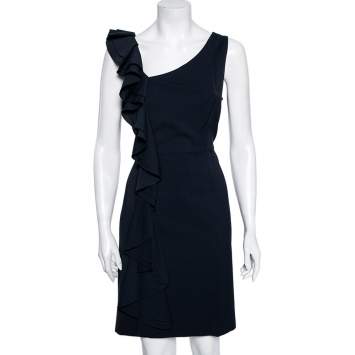 مملوكة مسبقًا RED Valentino Navy Blue Stretch Wool Ruffle Detail Midi Dress L