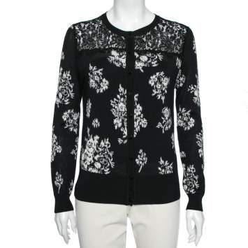 Pre Owned RED Valentino Black Jacquard Knit Lace Trim Button Front Cardigan L