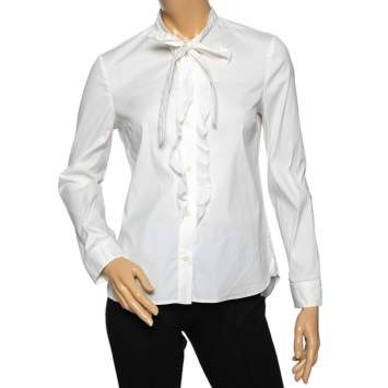 Pre Owned RED Valentino White Cotton Neck Tie Detail Ruffle Trimmed Shirt M