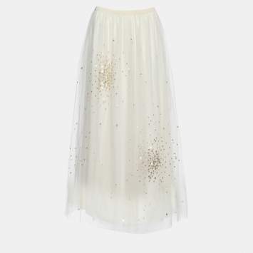 Pre Owned RED Valentino Off White Embellished Tulle Overlay Maxi Skirt M