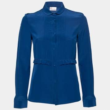 مملوكة مسبقًا RED Valentino Blue Silk Pleated Front and Ruffle Trim Top M