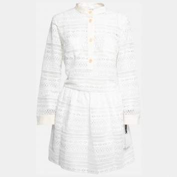 Pre Owned RED Valentino White Lace Button Front Long Sleeve Midi Dress L