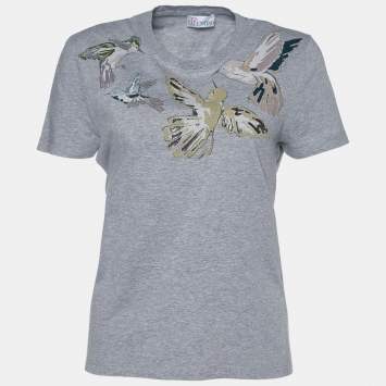 Pre Owned RED Valentino Grey Cotton Bird Print Short Sleeve T-Shirt L