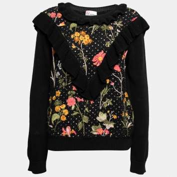 Pre Owned RED Valentino Black Floral Embroidered Cotton Knit Ruffle Trim Sweater L