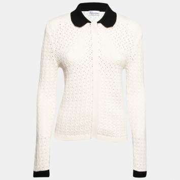 Pre Owned RED Valentino Off White Knit Contrast Collar Detail Zip Front Cardigan M