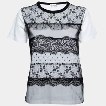 Pre Owned RED Valentino White Cotton Contrast Lace Crew Neck T-Shirt XS