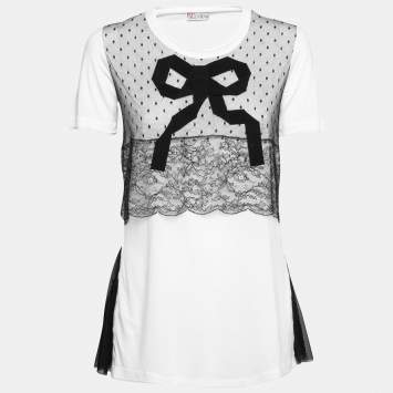 مملوكة مسبقًا RED Valentino White Jersey & Lace Overlay Bow Detail Short Sleeve T-Shirt M