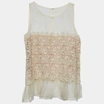 مملوكة مسبقًا RED Valentino Cream Silk & Lace Sleeveless Top M
