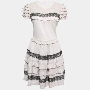 Pre Owned RED Valentino Grey Wool Knit Lace Trim Ruffled Dress L