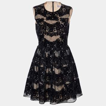 Pre Owned RED Valentino Black Flocked Silk Sleeveless Mini Dress S