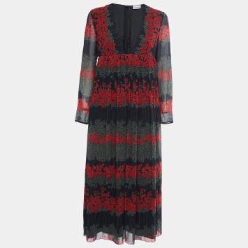 Pre Owned RED Valentino Black Floral Printed Plisse Chiffon Maxi Dress M