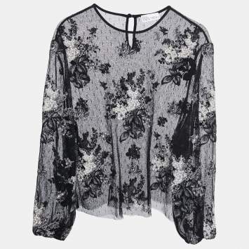 Pre Owned RED Valentino Black Floral Embroidered Lace Blouse M
