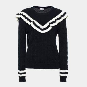 Pre Owned Red Valentino Black Cable Knit Optical Ruffle Jumper L